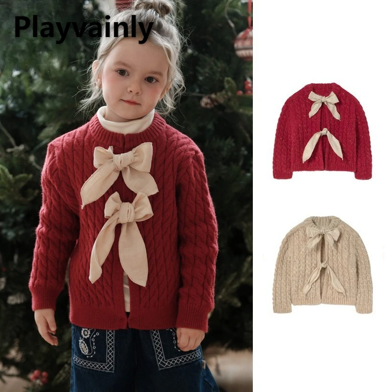 

2025 New Autumn Girls Elegant Bow Tie Lace Up Front Sweater Coat Red Light Khaki Knitted Cardigan Children Versatile Tops W5208