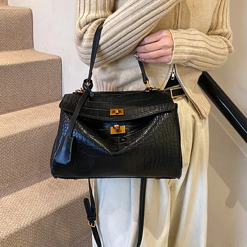 

Женская сумка через плечо большой емкости с крокодиловым узором, модная элегантная универсальная сумка через плечо с золотым замком, квадратная большая сумка
