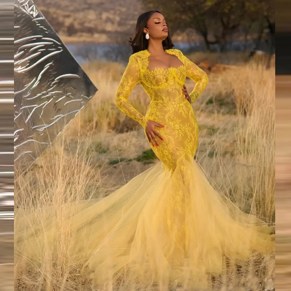 

Милое вечернее платье русалки с длинными рукавами и длинными рукавами Aso Ebi, кружевные платья для выпускного вечера, большие размеры, тюлевые платья для девочек на день рождения