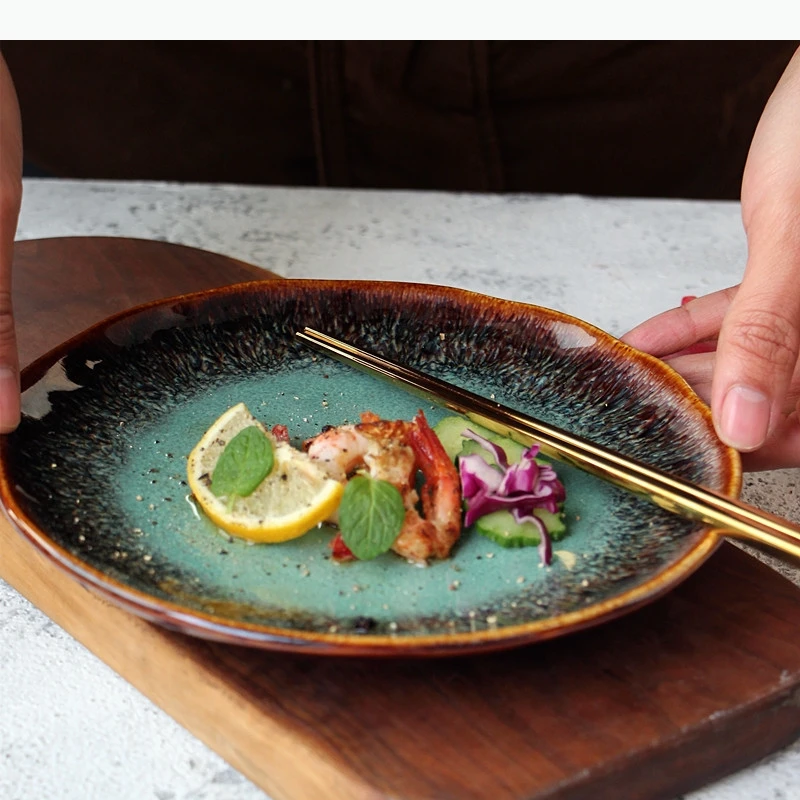 Prato de cerâmica europeu de 8 polegadas, prato de bife ocidental, macarrão, prato doméstico, forno, transutação, esmalte, pratos da china