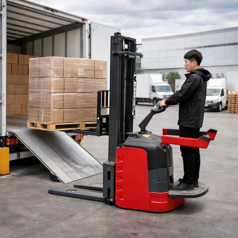 customized electric stacker forklift material stacking vehicle stand on battery powered goods stacking for freight buyers