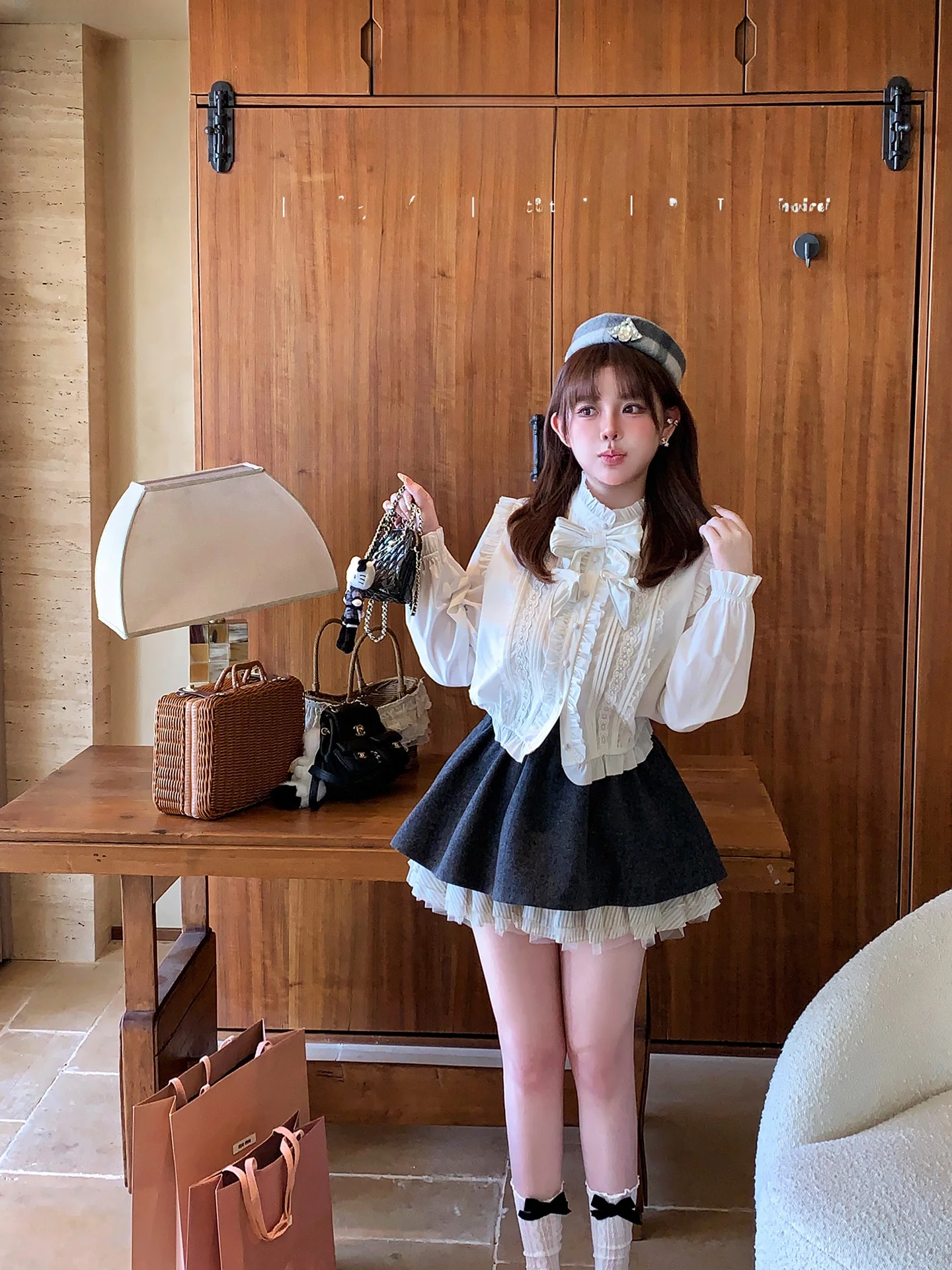 

FATFAABY Lace Knot irt 50 Wool Elastic Waist Puffy Skirt Set Women's Faion Spring Outfit High Waist Cotton Blend