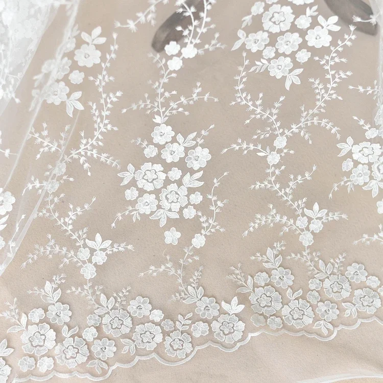 Multicolor lace fabric with 3D flowers for wedding dress, 4color, hand-decorated, DIY material