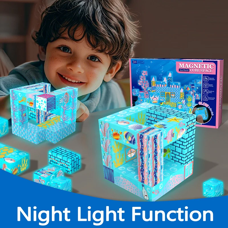 Bloques de construcción magnéticos luminosos para niños, juguetes magnéticos DIY, juguetes de montaje magnéticos fuertes, regalos de cumpleaños