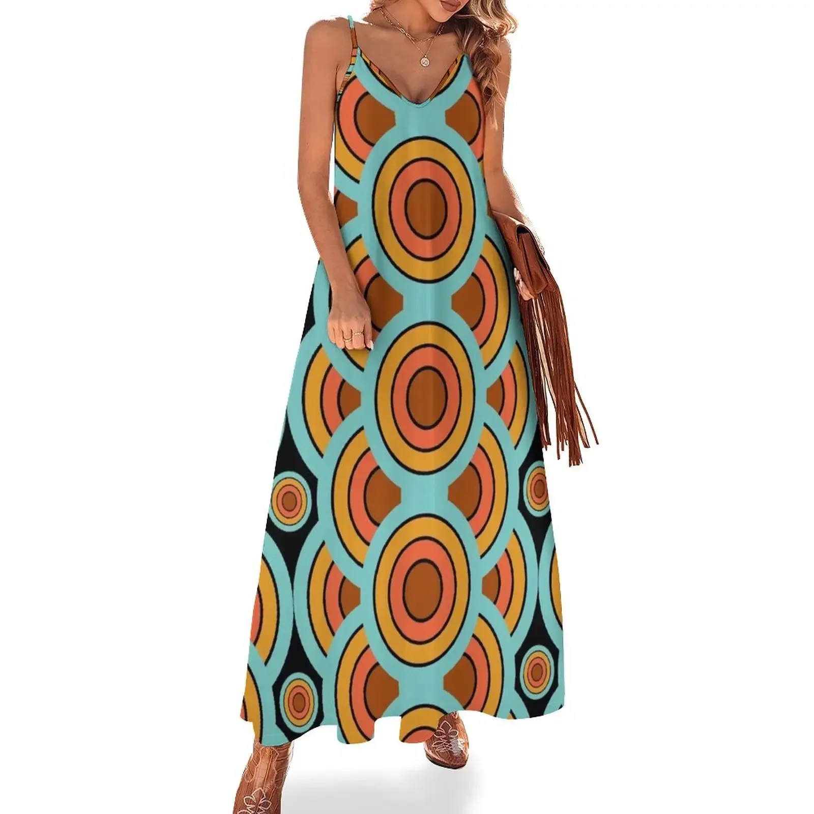 

60s 70s Style - Retro Modern Circles - Vintage Mid-Century Sleeveless Dress women's evening dress 2024 dress party night