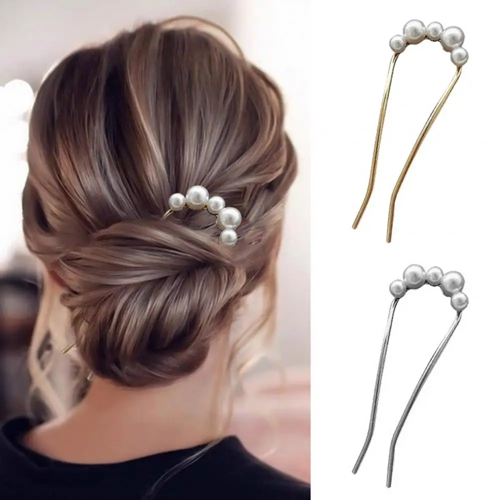 Slim Hair Clip Elegant Faux Pearl Hair Fork for Women Anti-slip Metal U-shaped Hair Pin Stick for Long Thick Updo Bun for Girls