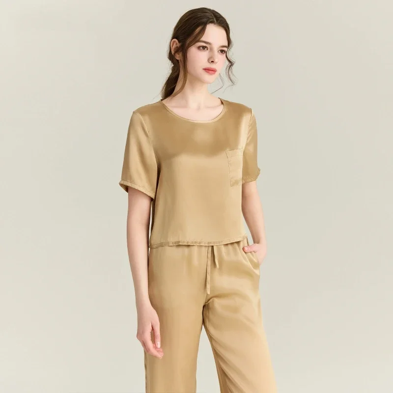 

100% Mulberry Silk Pullover Top and Trousers 2pcs Pajama Set Round Neck Short-sleeved Pyjama Casual Loungewear Pajamas Sleepwear