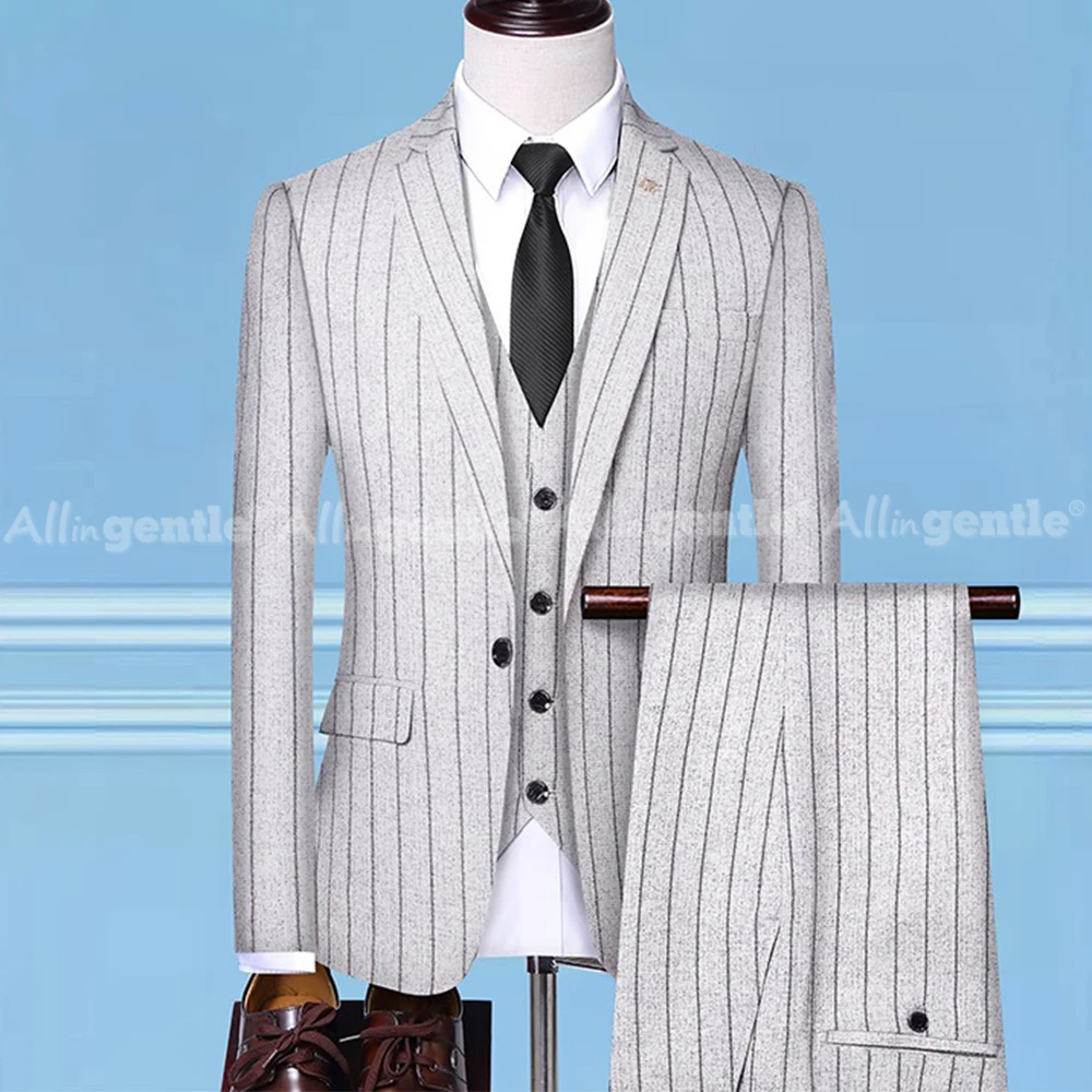 Mens 3 Piece Suits Regular Fit Long Sleeve Elegant Daily Casual Striped 3 Piece Suits For Men Single Button