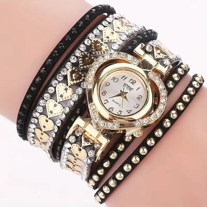 Mode Strass Vrouwen Horloges Hart Wijzerplaat Quartz Horloge Lange Lederen Band Armband Horloge Reloj Mujer Meisjes Klok Gift