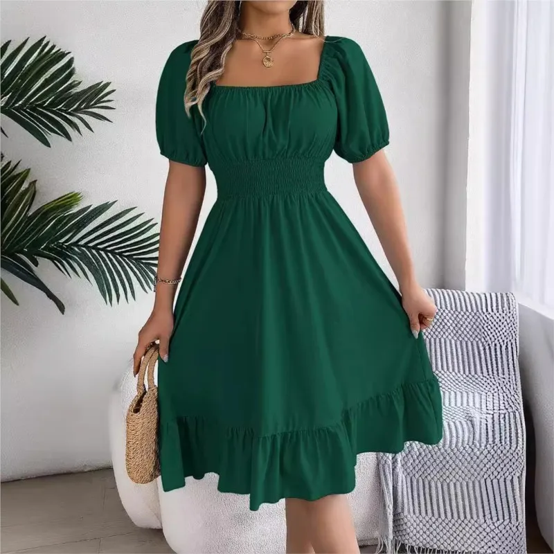 Abiti MIidi da donna 2024 Estate Casual Collo quadrato Maniche corte Vita con volant Bordo Abito Abito da donna Elegante Плаalıя Ж Salah Kamiе