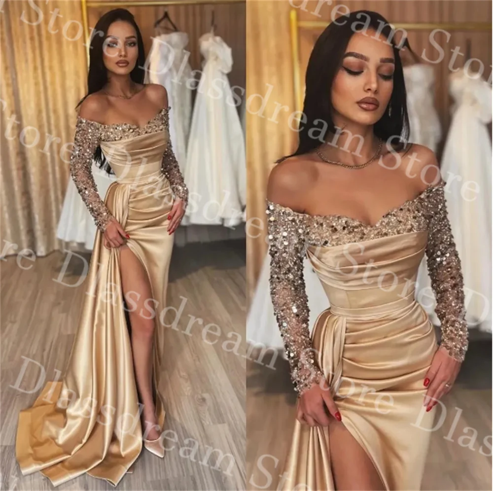 

Elegant Off Shoulder Prom Dresses Long Sleeves High Split Sequins Party Dress Sweep Train Vestidos De Fiesta Elegantes 2024