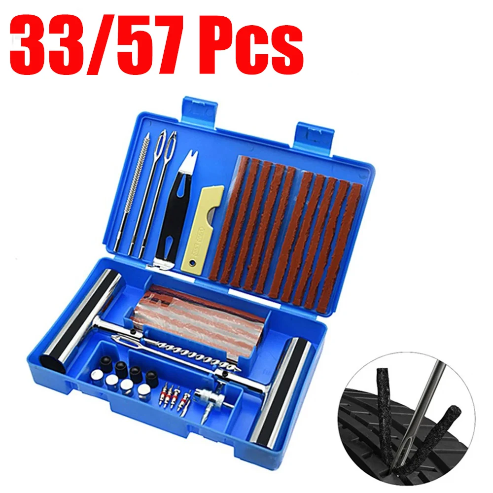 33/57pcs Auto Tire Repair Set Puncture Repair Tools Car Van Motorcycle Bike Emergency Heavy Duty Tubeless Tire Repair Rivet Set