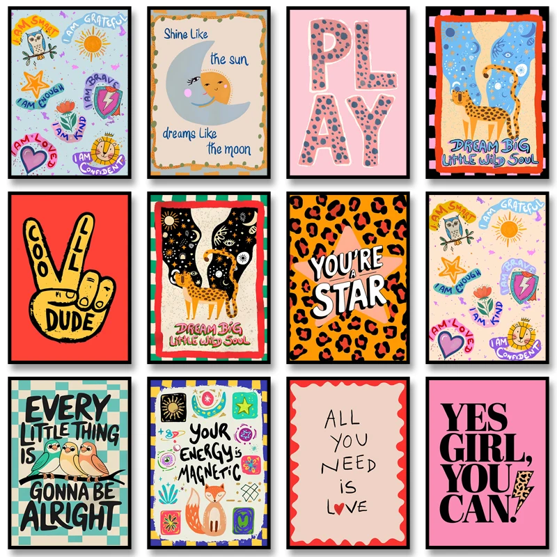 (No frame)Motivational Kids Positive Affirmation Poster Print Boho Canvas Painting Vintage Wall Art Picture for Nursery Home