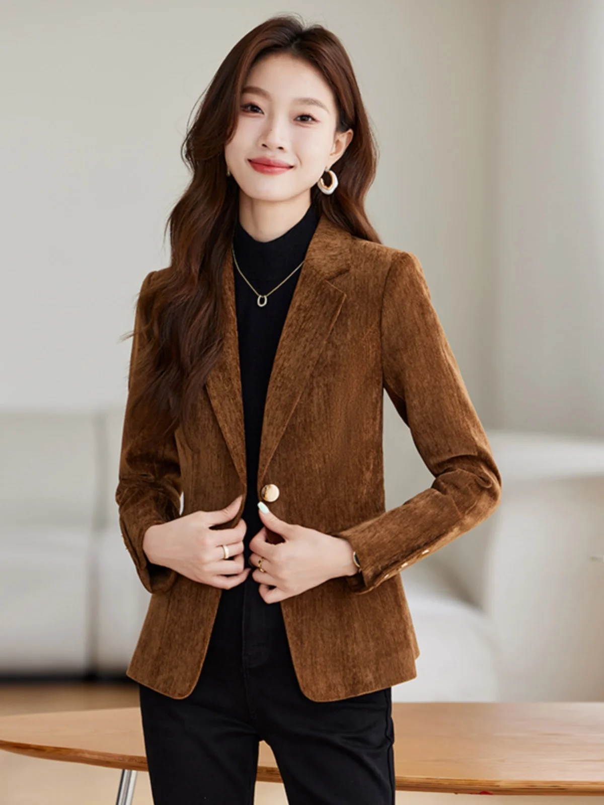 

Вельветовый костюм Jaet женский повседневный модный осенне-зимний маленький размер Godd Sle из полиэфирного волокна для поездок на работу Sle Long Sve