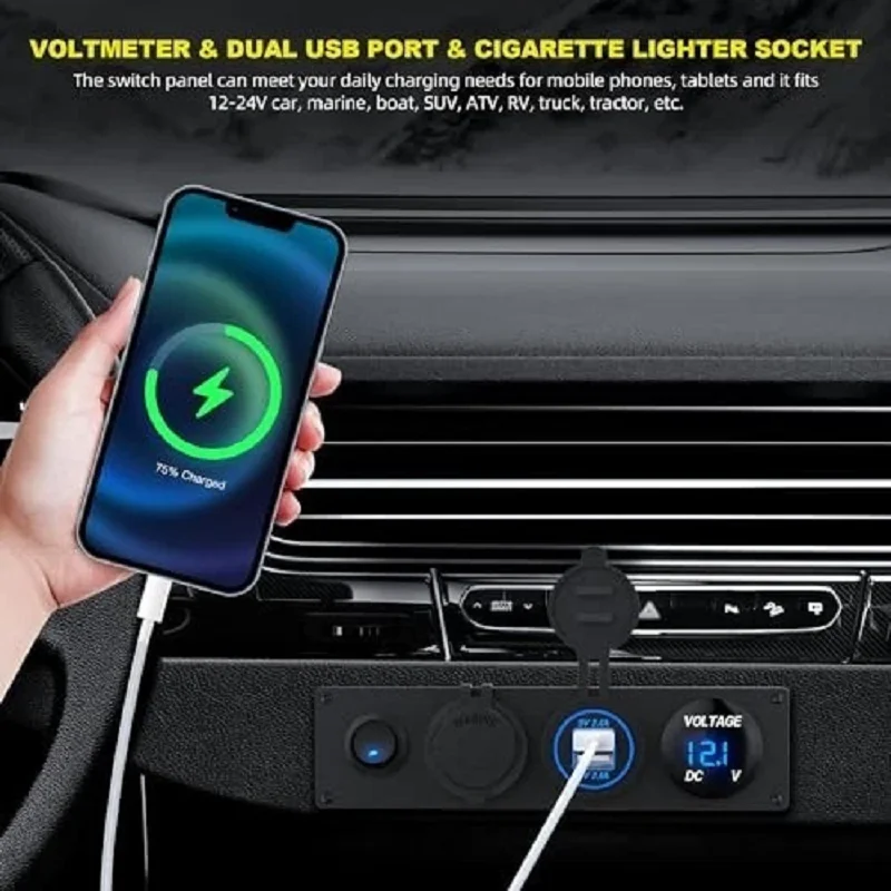 Painel de Tomada 4 em 1 ON/OFF com Carregador, Porta USB Dupla, Voltímetro LED e Tomada de Acendedor de Cigarros com Interruptor LED