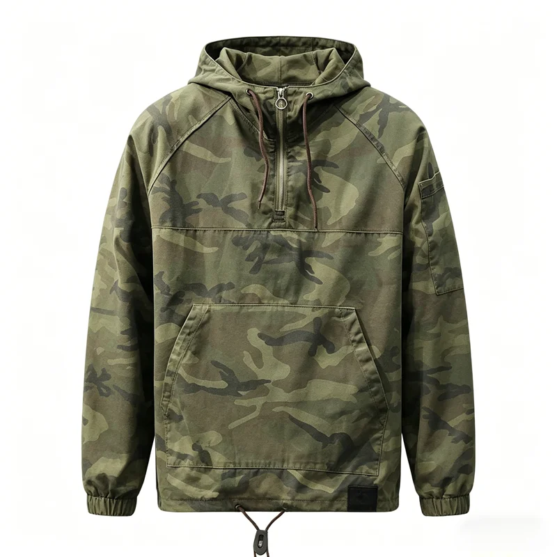 Chaquetas Anorak de Camuflaje para Hombre, Primavera-Otoño, Moda Urbana, Estilo Hip Hop, con Capucha, Cierre de Media Cremallera, Corte Holgado, Estilo Retro, Ropa de Trabajo