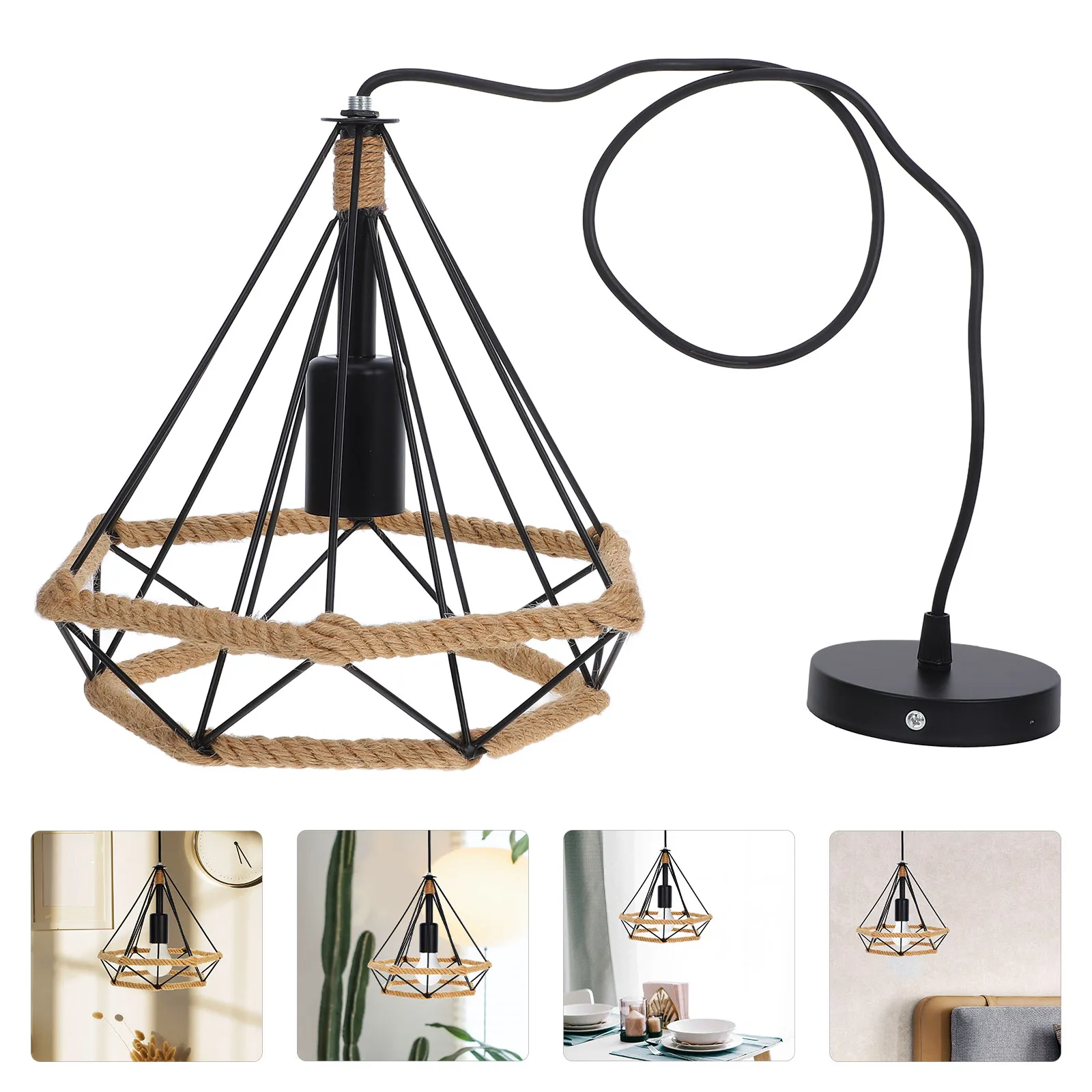 Diamond Shaped Wrought Iron Ceiling Lamp Vintage Industrial Chandelier Rope Style Hanging Light for Restaurant
