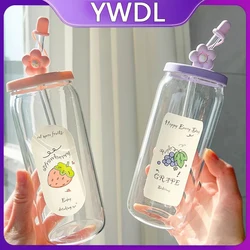 YWDL 500ml Glass Cup With Lid and Straw Fruit Pattern Coffee Mug Home Tea Milk Fruit Juice Cups Drinkware For Christmas Gift