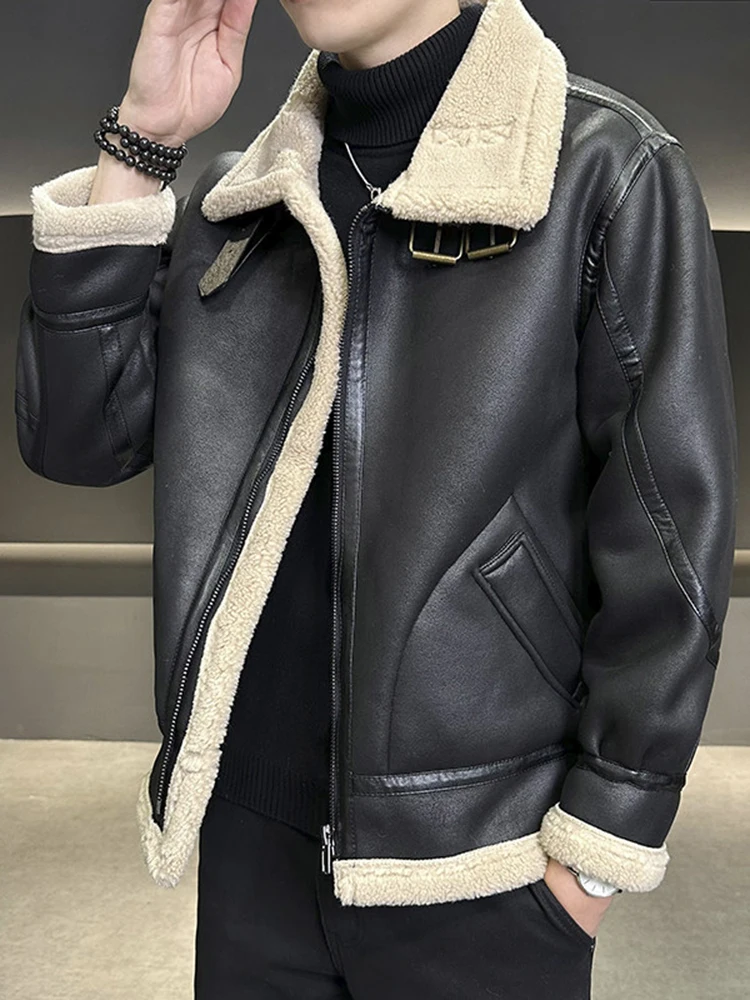 

Lamb Fur Jaet Thiened Warm Stand Collar Leather And Fur Winter Faion Retro Color Top Youth Casual Wear