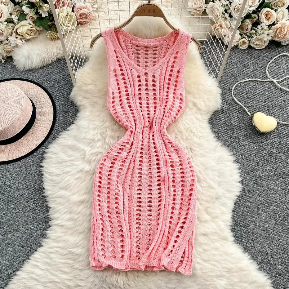 2025 boho women summer sexy knitted short tank dress casual hollow out beach holiday sundress split chic slim v neck dresses