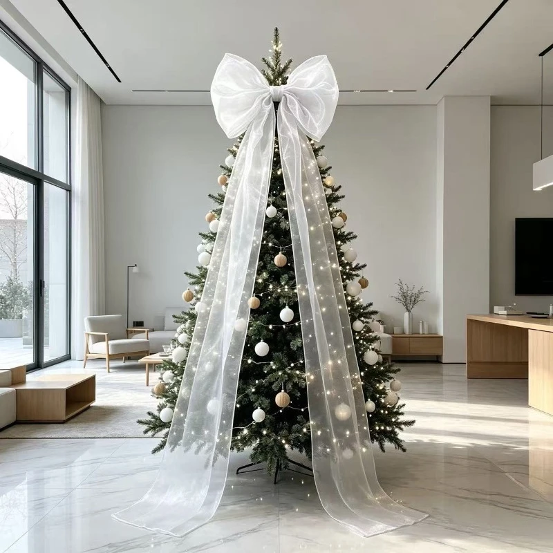 190cm Giant Christmas Tree Topper Bow - Handmade Multi-Layer Organza Bows & Ribbons, White Beige Grey Minimalist Extra Large Tre