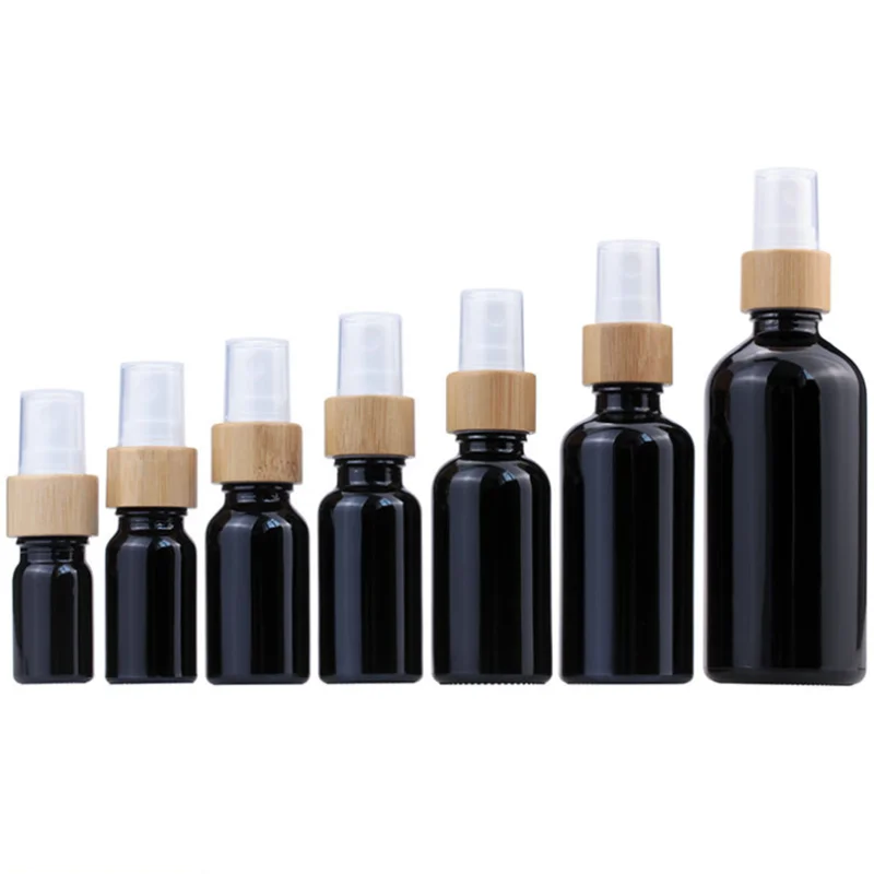 

bamboo dropper cap 5ml 15 ml 30 ml 50 ml black green blue amber frosted glass bottle with bamboo fine mist sprayer pump lid