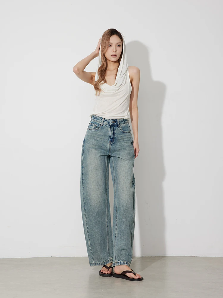 

High Waist Women's Distressed Wide Leg Jeans RUGOSAM Knife Series Spring New Arrivals Cotton Casual Loose Fit