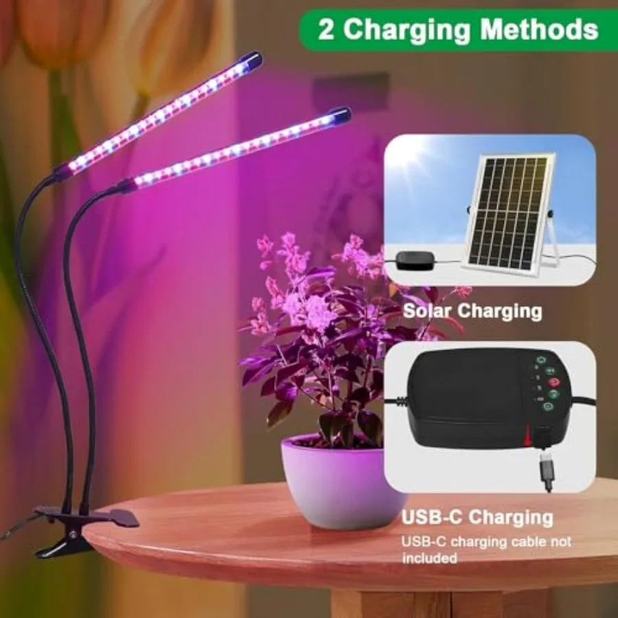 Solar-Powered Grow Lamp with Battery 2-Head 40 LED Full Spectrum Clip Light 16.4FT Cable USB Charging Timer and Dimmable Settin