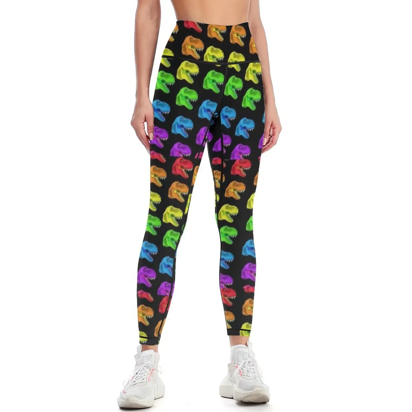 Rainbow T-Rex Pattern Black Leggings push up tights for push up fitness workout clothes for Womens Leggings