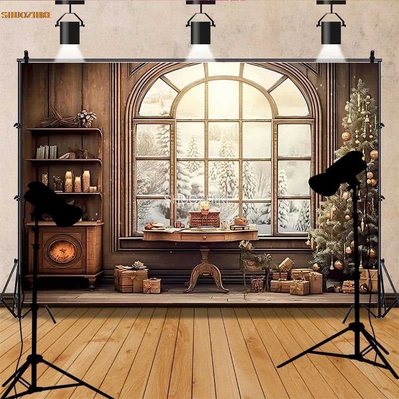 SHUOZHIKE พวงหรีดวันคริสต์มาส Snowman การถ่ายภาพฉากหลัง Props ครอบครัวห้องนั่งเล่นปีใหม่ภาพพื้นหลัง DJ-03