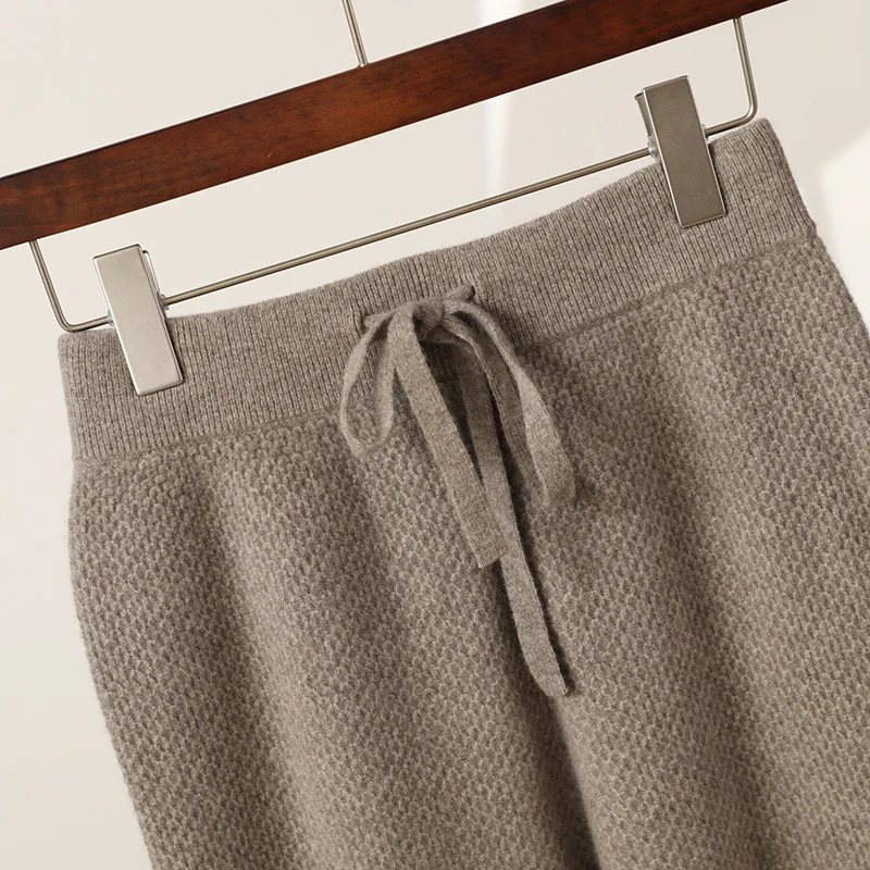 Women's Cashmere Wide Leg Pants Autumn Winter Basic Soft Casual Sashes Trousers 100% Merino Wool Knitwear Honeycomb Needle Pants