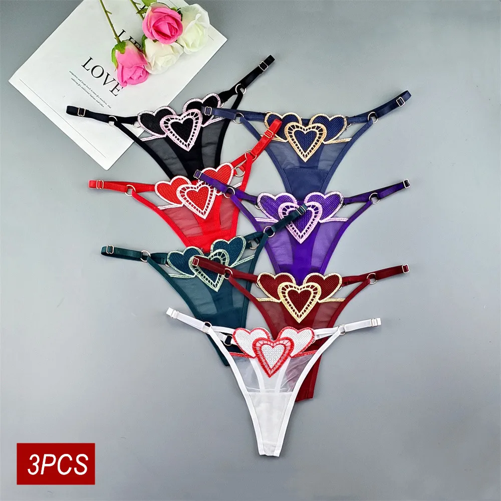 3Pcs/Set Cute Cosplay Sexy Lingerie Women's Sheer Lace Thong Underwear Low-Rise Adjustable Strap Hea