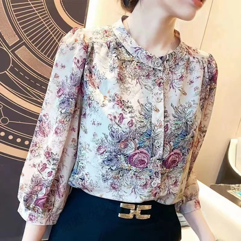 Vintage Elegant Women\'s Chiffon Shirt O-Neck Lantern Sleeve Printed Top Casual Office Lady trend Slim Shirts and Blouses French