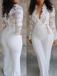 White Lace Jumpsuit Women Sexy V Neck Lace-up Stitching Long Sleeve Wide Leg Long Pants Office Lady Romper Overalls Jumpsuits