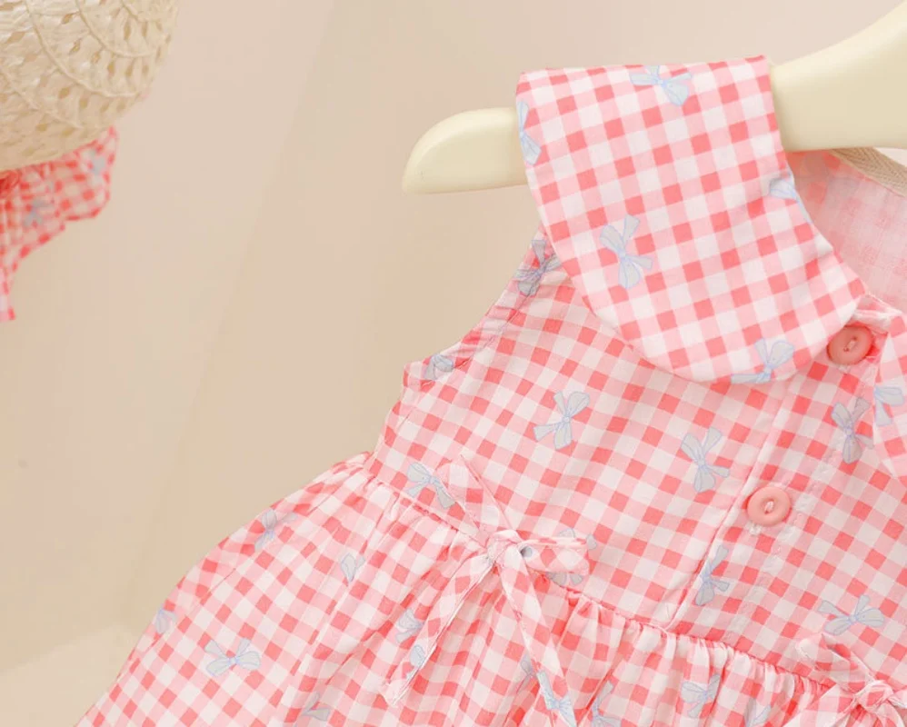 3M-3Y Sommer Süßer Stil Baby Bodysuit mit Schleife, Karomuster und Peter-Pan-Kragen, Einteiler für Mädchen, Baumwoll-Babystrampler mit Sonnenhut – Detail 5