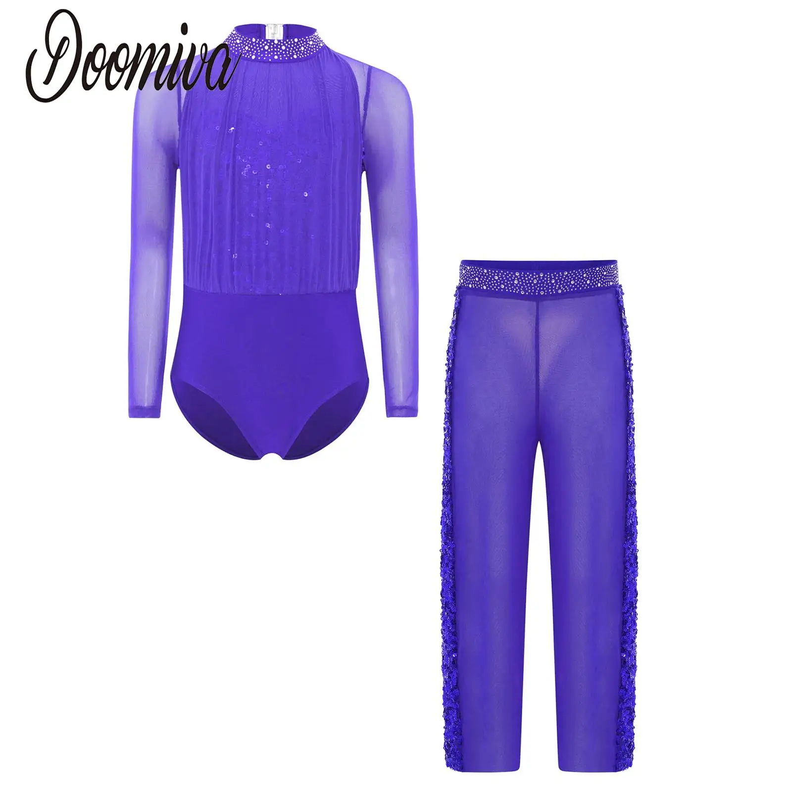 

Girls Figure Skating Gymnastics Costume Jumpsuit Outfit Set Sheer Mesh Long Sleeve Leotards Bodysuit And Pants Skating Dancewear