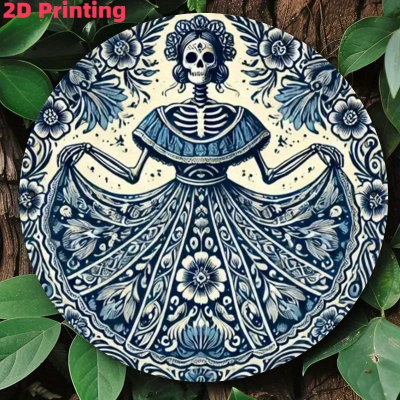 2D Vintage Metal Sign, Day of the Dead Sugar Skull Wreath, Wood Wall Art Hanging Decor for Home Bar Cafe Farmhouse