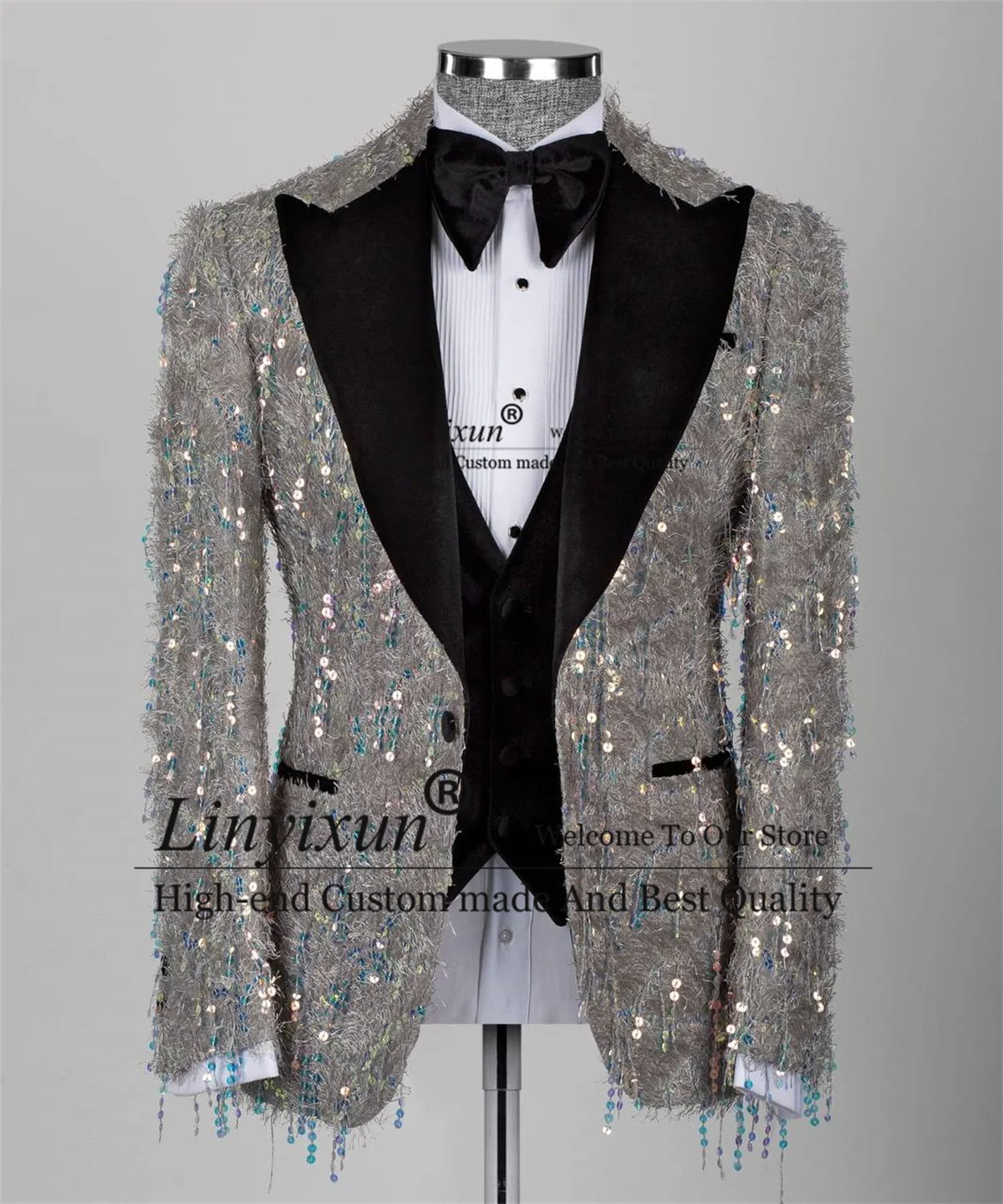 Glitter Sequin Groom Wedding Tuxedos Peaked Lapel Men Suits 3 Pieces Sets Dinner Party Male Prom Blazers Slim Fit Coustome Homme