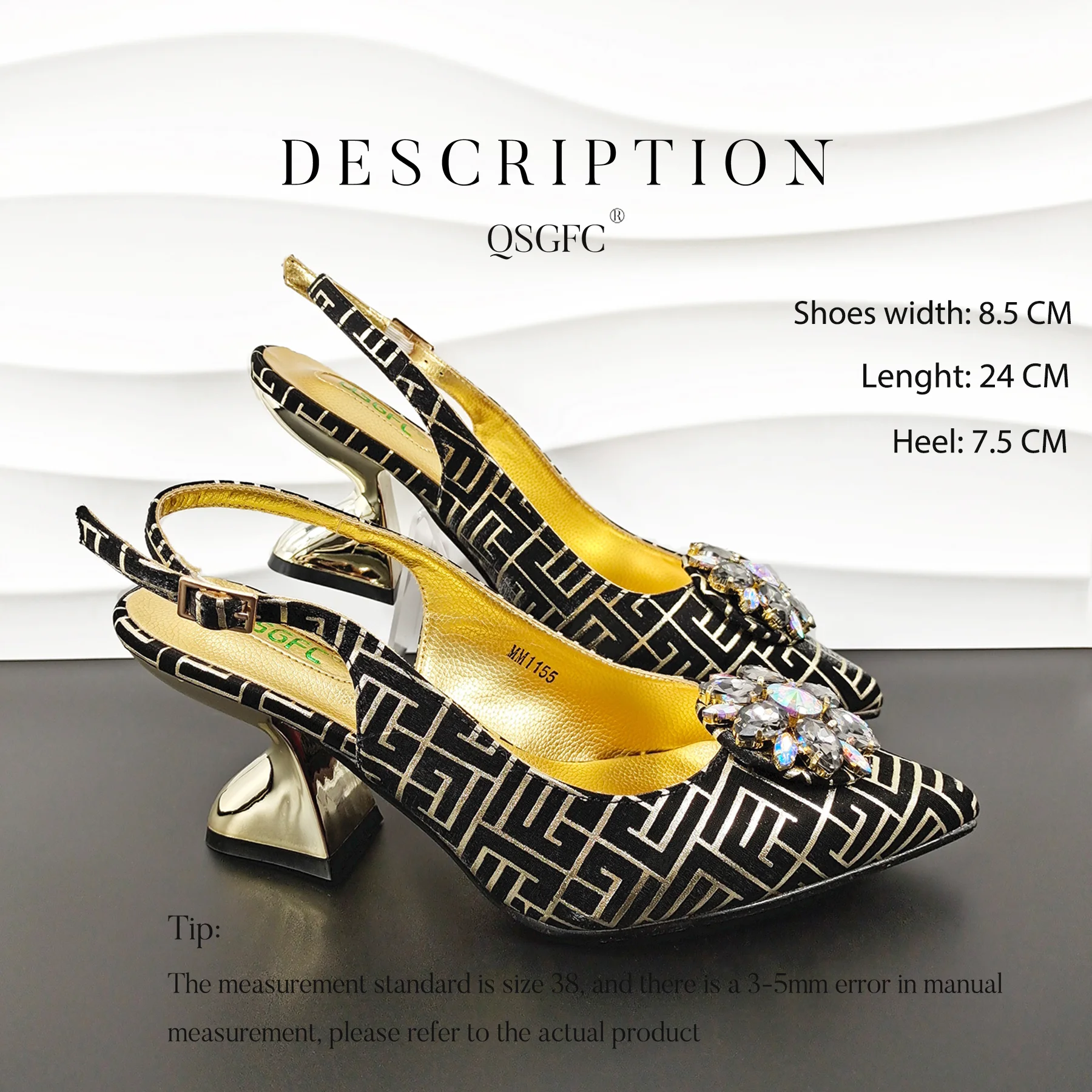 QSGFC Italian Design Embossed Style Big Diamond Decoration Classic Black Color Women Shoes and Bag Set