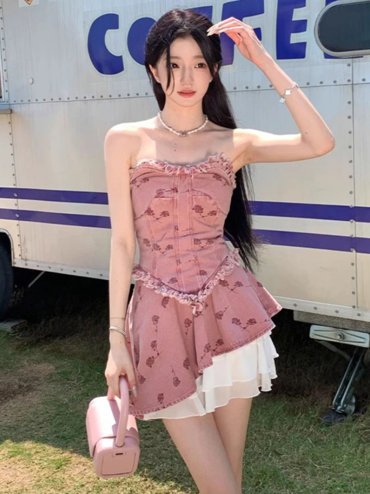 

Женский джинсовый комплект с оборками, винтажный облегающий топ с необработанными краями и мини-юбка с цветочным принтом, Y2k