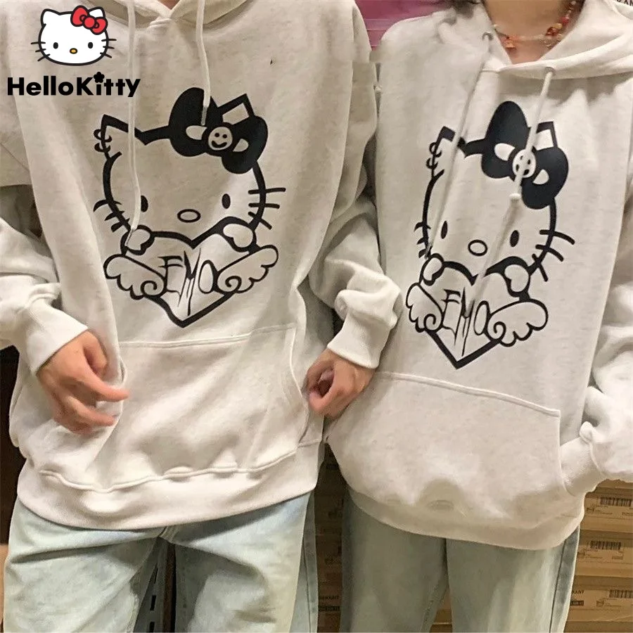 

Sanrio Hello Kitty New Grey Hoodies Y2k Couples Cartoon Tops Hooded Loose Shirts Women Men Amercian Streetwear Cotton Pullovers