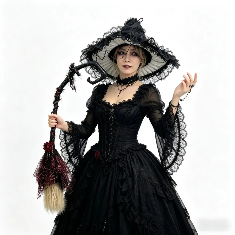 Spooky Gothic Style Witch Broom Red Rose Black Tulle Cosplay Props Handmade Bowknot Plastic Material Magic Wand Home Decor