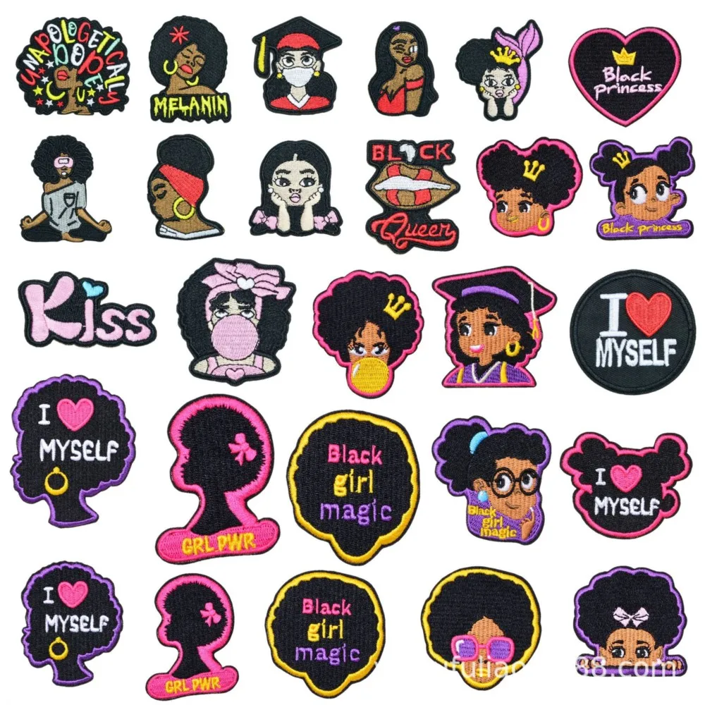 

12/27Pcs Cartoon Black Girl Magic Series applique For Sew on Clothes Pants Ironing Embroidered Patches DIY Coat hat Sticker