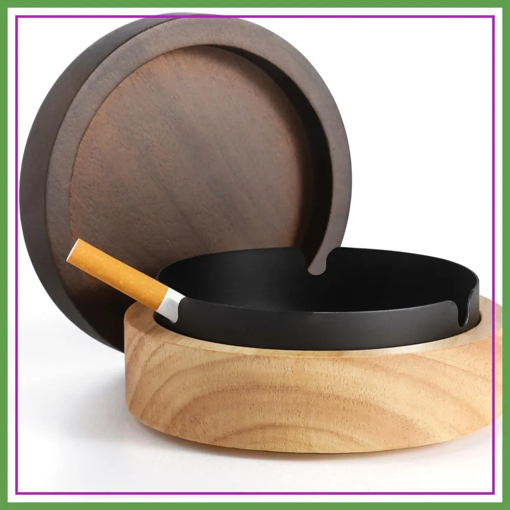 

Wooden Ashtray with Lid, Windproof Portable Decorative Ashtray for Home Patio Office Outdoor Indoor Parties