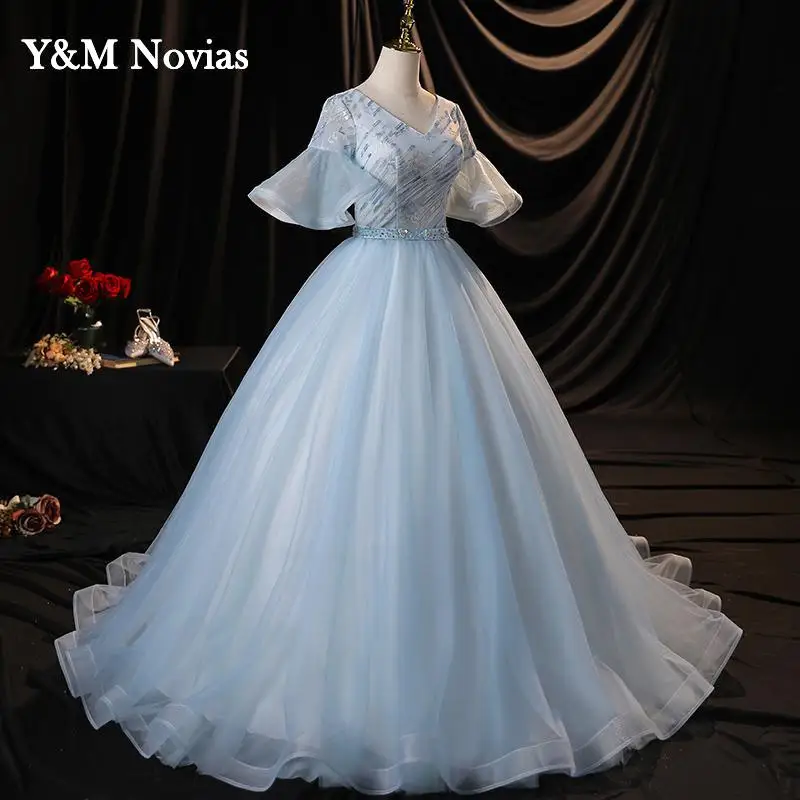 Vestido De quinceañera con manga trompeta y lentejuelas, azul claro mexicano, dulce 16, 2022