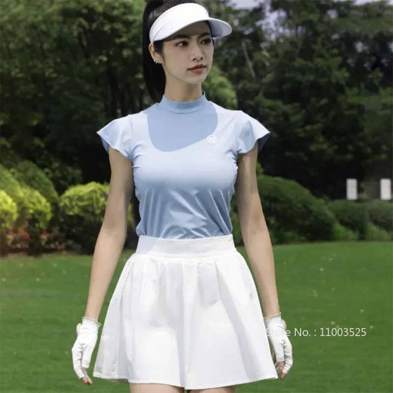 MG Golf Women Ruffle Fly Sleeve Shirt Round Neck Slim T-shirt Casual Korean Golf Short Skirt Lady A-Lined Tennis Skorts Culottes