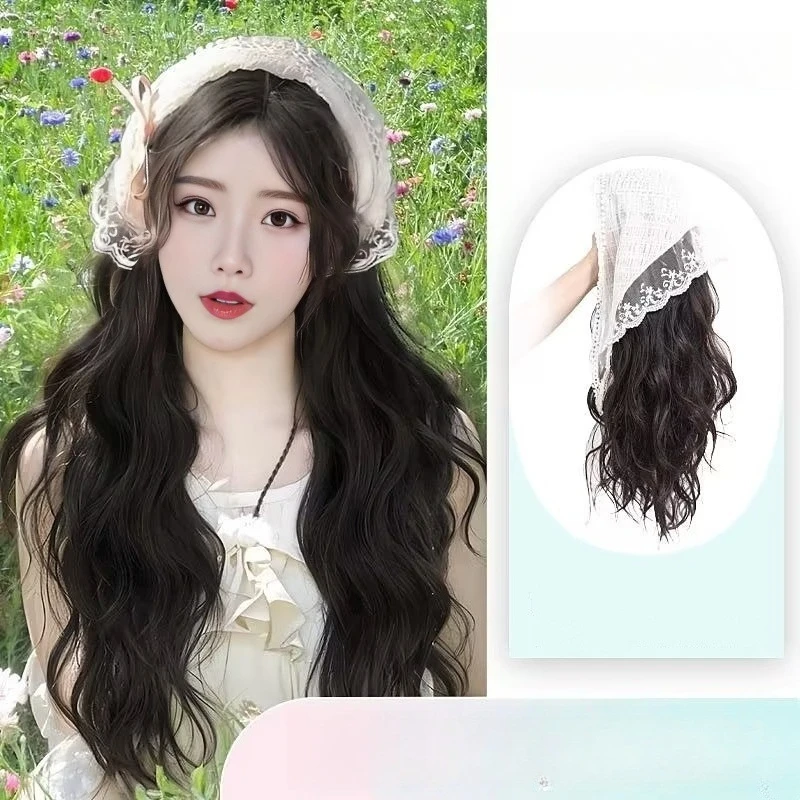 Women's French Lace Triangle Headband Long Wavy Hair One-Piece Synthetic Half Wig