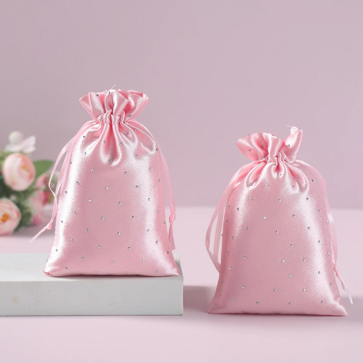 6pcs 10*15cm Satin Gift Bags Pink Drawstring Bag Gift Pouches For Christmas Birthday Wedding Favor Bags Small Jewellery Pouch