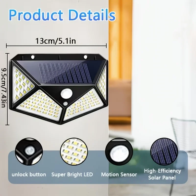 6/4 Pack 100 LED Solar Wall Lights, IP44, Solar Powered with 6-8 Hours Battery Life, Built-in Motion Sensor Auto On, 6500K Color Temperature, Ideal for Street, Courtyard, Mall And Parking Lot Lighting, Ideal Gift for Family