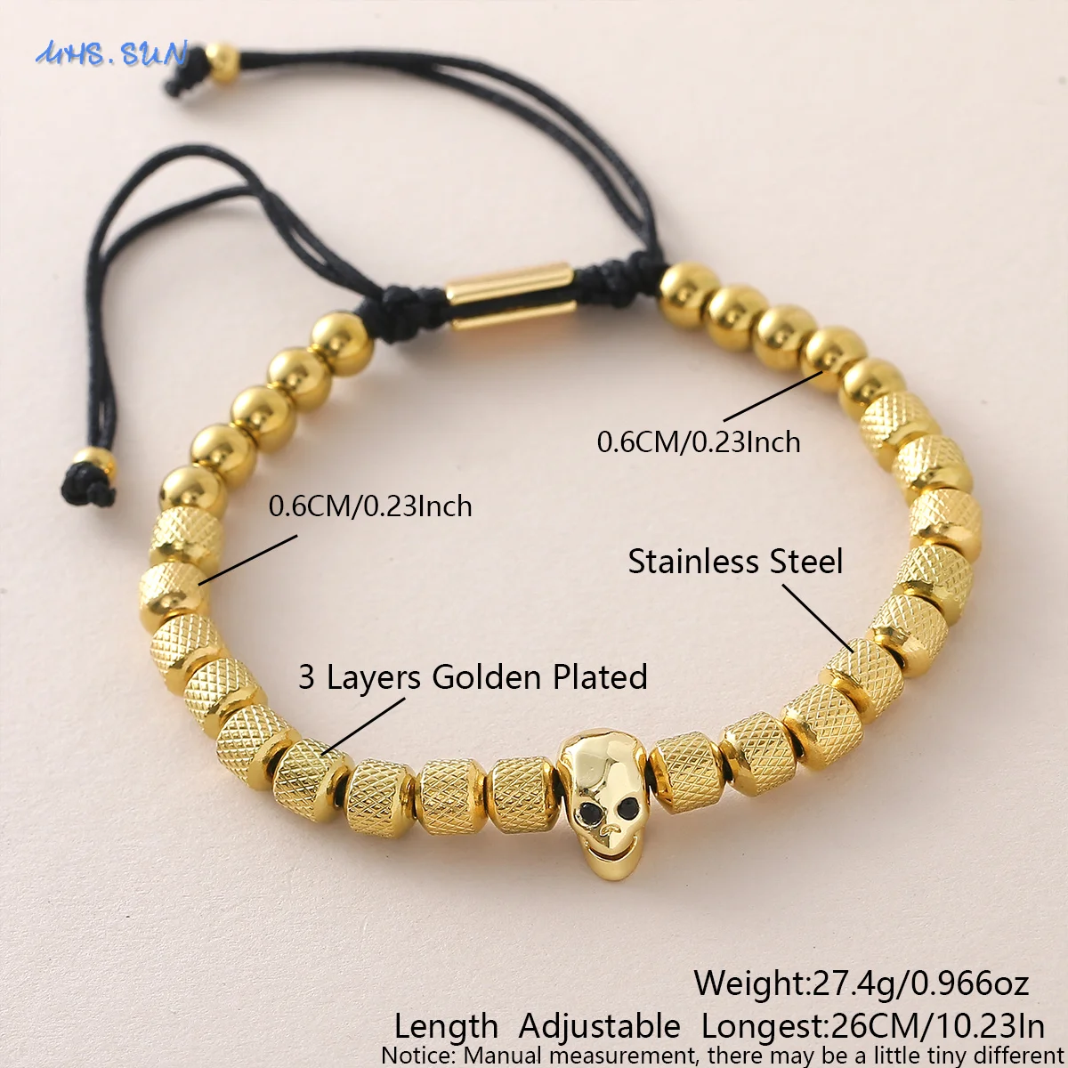 الفولاذ المقاوم للصدأ 6 مللي متر مطرز أساور للنساء الرجال الهيب هوب الذهب اللون الجمجمة سحر سوار مجوهرات الحفلات هدية قابل للتعديل #3
